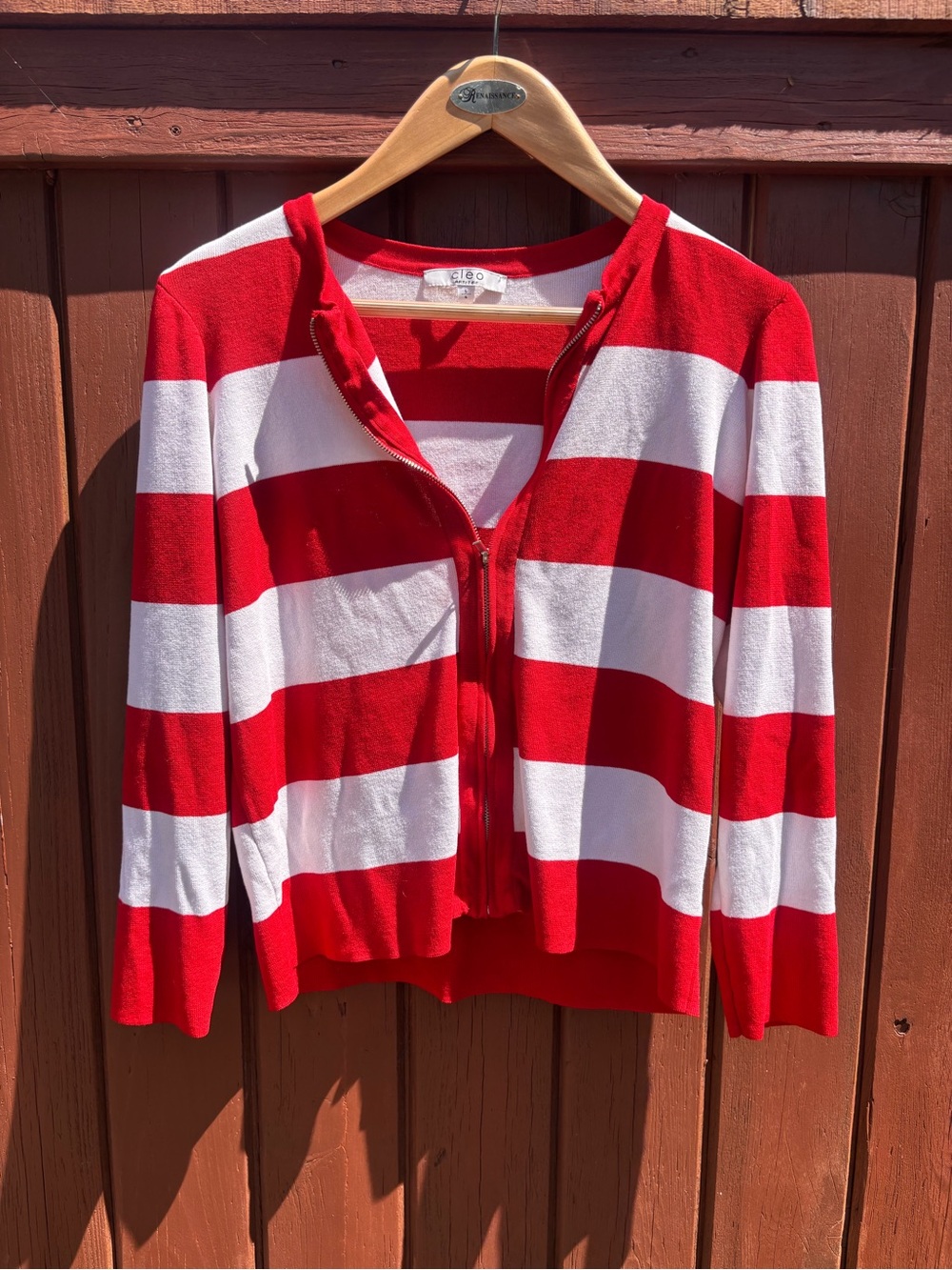 cleo Red and White Striped Zip-Front Women's Cardigan